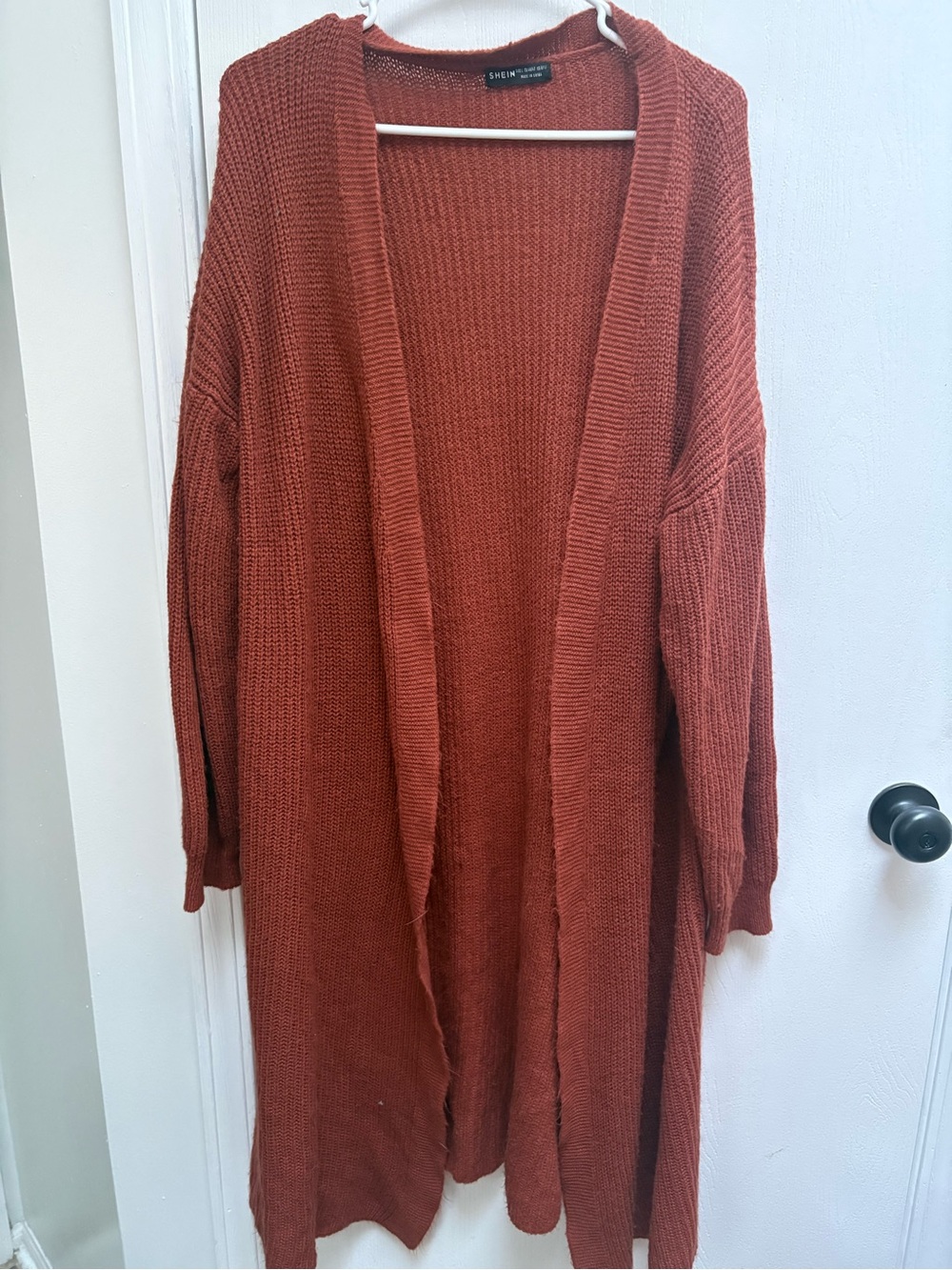 SHEIN Rust Orange Open-Front Long Knit Cardigan